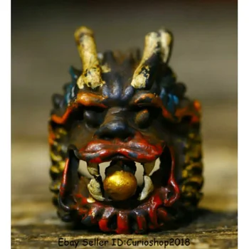 1.4 инчова колекция Редки китайски стари бронзови картини животински дракон главата мъниста пръстен