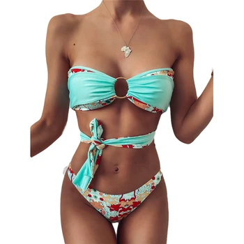 2021 Мода жени печат две части бански костюм секси кръст каишка тръба отгоре с гърдите подложка тънък тонг комплект лято