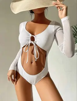 2023 Бял кух бански едно парче твърди бански костюми с дълъг ръкав Дамски бански костюм Женско плуване Лятно плажно облекло Монокини