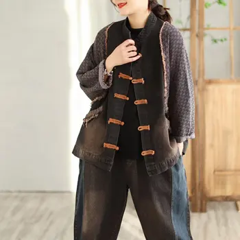 2023 Жените дънково яке пролет есен жилетка контраст цвят ретро случайни хлабав мода Връхни дрехи палто женски YoYiKamomo