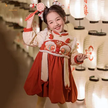 2023 Зимен нов продукт Рокля за момичета Hanfu китайски стил антични рокля дълъг ръкав плюшени сгъстяване Коледа и Нова година кърпа