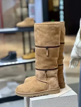 2023 Нови двупосочни подвижни кожени ботуши за сняг Дамски руно облицовани подплатени топли поддържане на високи плоски памучни обувки