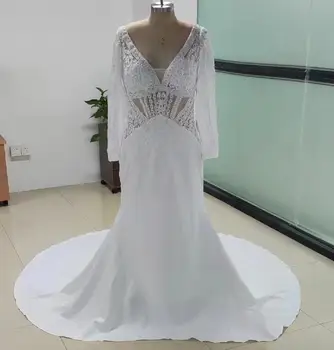 2023 Секси елегантен Suknia Slubna Botton русалка булчинска рокля 3D дантела апликация V-образно деколте Bling пайети съд влак сватбена рокля