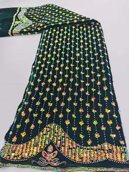 2024 Най-новите нигерийски кадифе дантела плат зелено злато мъниста блясък високо качество африканска дантела плат сватбена рокля френска дантела