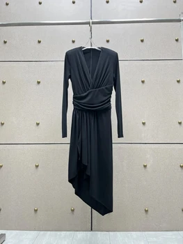 2024 нова дамска мода с дълъг ръкав V-образно деколте тънка рокля на талията 1222