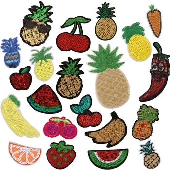 20pcs Glitter Sequined Patch Fruit Cherry Pineapple Strawberry bordados parches Iron On Patches For Clothing Jacket Appliques