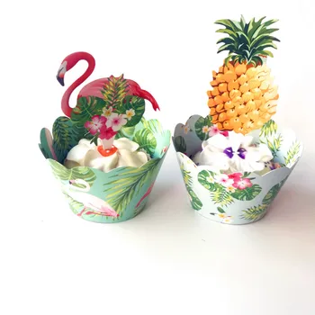 24pcs Хавайски фламинго / ананас Cupcake опаковки + торта топер за летен рожден ден сватбено тържество торта декориране доставки