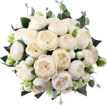 4 пакет малки слонова кост бял божур изкуствени цветя (20 божур глави), коприна фалшиви цветя сватбен букет със стъбла