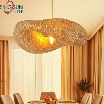 40/100cm бамбукови висящи LED таван светлина тъкане полилей лампа висулка лампа осветителни тела ратан тъкани дома спалня декор
