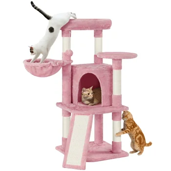 42'' Котешко дърво Котешка кула с кондо & кошница костур платформа, розово, котешки консумативи, котешки играчки, така че котките да могат да играят щастливо у дома