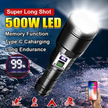 500W LED ултра мощно фенерче тип-C акумулаторна висока мощност Led фенери 100000LM тактически фенер 2500M изстрел факел