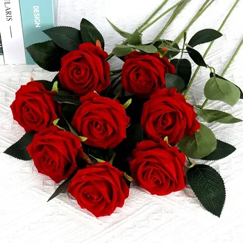 5Pcs изкуствени цветя букет червено кадифе фалшива роза цвете за сватба Начало Декорация на маса Коледа Свети Валентин подарък