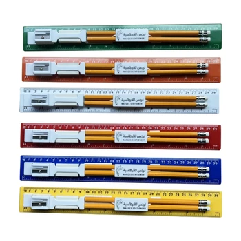 All-in-One Math Drawing - 5 комплекта 30 см цветни линийки с острилка, моливи и гумички