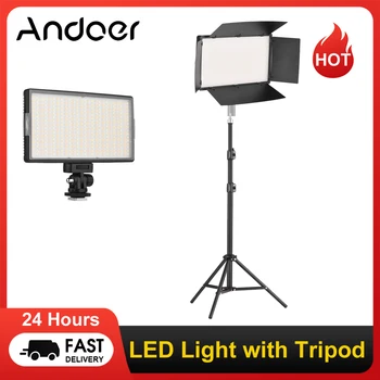 Andoer LED видео светлина със светлинен панел за статив 3200-5600K с Barndoor за Vlog Live Streaming видео конференция грим