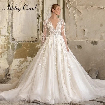 Ashley Carol Сватбена рокля с дълъг ръкав 2023 Секси апликации с V-образно деколте Искрящ тюл Очарователна A-Line сватбена рокля Vestidos De Novia