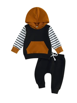 Baby Boy 2-Piece Winter Outfit Color Block Hoodie with Long Sleeves and Elastic Waist Jogger Pants - Стилен и Casual