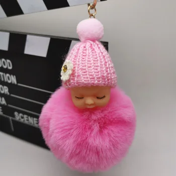 Baby Doll Toy DropshipCute Sleeping Baby Doll Keychains For Women Bag Toy Key Ring Fluffy Pom Pom Faux Fur Plush Keychains