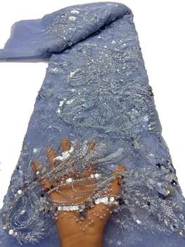 Blue Fabric Висококачествена африканска дантела 2024 Красота Френски пайети Малка перлена бродерия Дантела Тюл Нигерия рокля 5Years