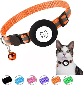 Breakaway Airtag Cat Collar,Светлоотразителен Apple Air Tag Cat Collar с Bell Waterproof Airtag Holder Case,GPS Pet Tracker Collar