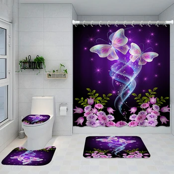 Butterfly цветя водоустойчив душ завеса нехлъзгаща се мат килим килим тоалетна седалка залив полиестер миещи се къпане баня декор
