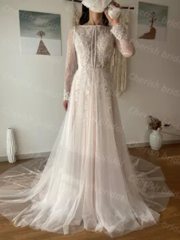 C3002A Булчинска рокля A-line сватбена рокля за жена Дълъг ръкав дантела апликация и мъниста Елегантни и красиви дамски рокли