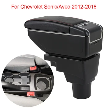 Car Armrest Box Двуслойна предна централна конзола Черна кожа със зареждащи USB портове за Chevrolet Sonic/Aveo 2012-2018