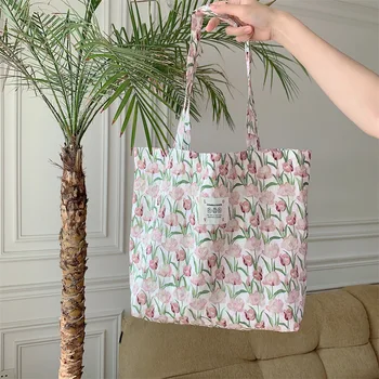 Casual Girls Book Travel Tote Bags Eco Cloth Large Shopping Bag Female Underarm Bag Tulip Flower Shoulder Bag for Women Handbags