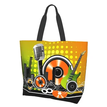 Cool Music Abstract Cd Electric Guitar Microphone Sound String Canvas Tote Bag for Women Weekend Kitchen Reusable Grocery Bags