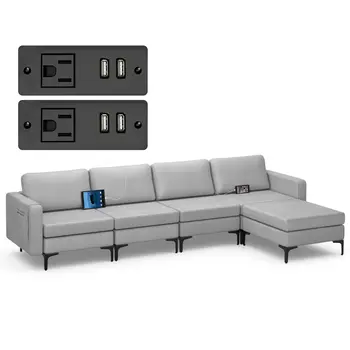 Costway модулен L-образен секционен диван с обратим шезлонг & 4 USB порта светло сиво