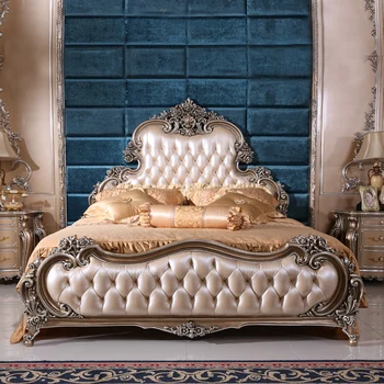 Court Френски мебели лукс Европейска кожа масивно дърво висок клас неокласически 1.8m сватбено легло P1