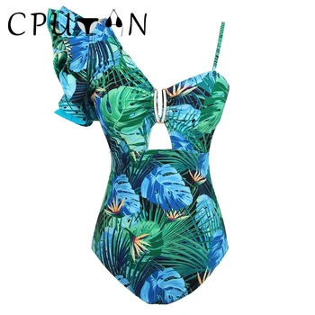 CPUTAN 2023 Секси Ruffle едно парче бански едно рамо Monokini бански жени реколта печат плажно облекло бански костюм