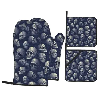 Dark Floral Skull Macabre Art Oven Mitts and Pot Holders Sets of 4 Heat Resistant Non-Slip Kitchen BBQ Gloves for Baking Cooking