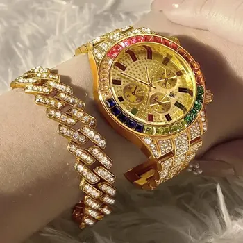 Diamond Дамски часовници Златен часовник Дамски ръчни часовници Луксозна марка Rhinestone Дамски гривна Комплект часовници Женски Relogio