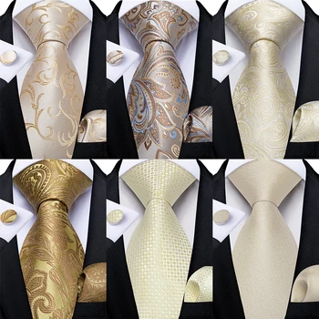 DiBanGu мода мъже вратовръзка светлина шампанско Пейсли коприна сватба вратовръзка за мъже Hanky копчета за ръкавели подарък вратовръзка комплект костюм бизнес парти