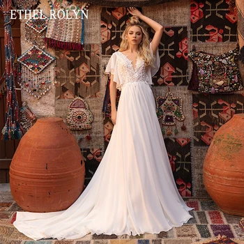 ETHEL ROLYN русалка сватбена рокля 2022 шик пайети V-образно деколте апликации булката къдри къс ръкав без гръб шифон булчинска рокля