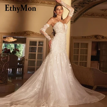 Ethymon Classic тромпет сватбена рокля за жени Подвижен ръкав Sweetheart дантела Appliques Vestidos De Novia Made To Order