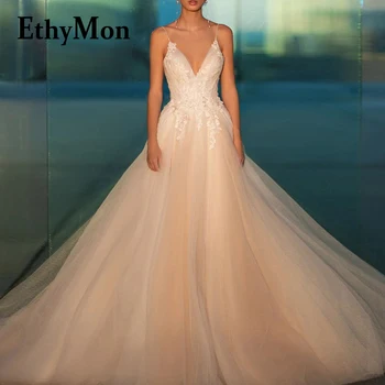 Ethymon модерна v-образно деколте сватбена рокля за булката Sequined дантела апликации A-line 3D цвете мъниста без гръб роба De Mariée по поръчка
