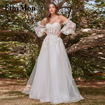 Ethymon очарователна сватбена рокля с пайети за булката скъпа дантела апликации бутер ръкав A-line по поръчка роба де соаре