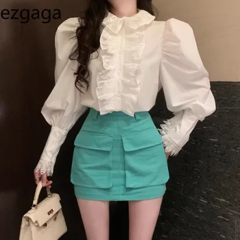 Ezgaga реколта ризи жени бутер дълъг ръкав стойка яка дантела пачуърк мода сладък елегантна блуза дами френски стил шик