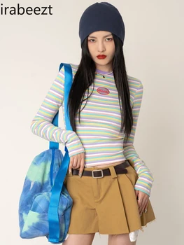 Fashion Rainbow Striped Slim Short Long Sleeve Tops Female Casual 2023 Пролет и Есен Сладко готино момиче Дамска тениска
