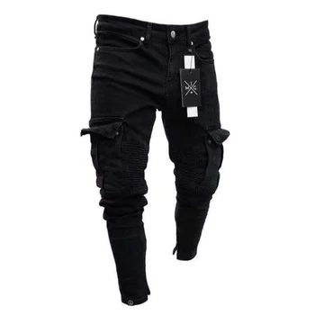Fashion Streetwear Men Slim Jeans Wash Solid Color Multi Pockets Denim Mid Waist Cargo Jeans Casual Trousers Male Daily Wear