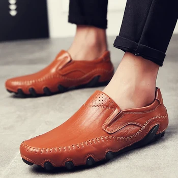 Flats Дамски естествена кожа приплъзване на ежедневни обувки нова мода плитка дишаща ходене обувки за мъже на открито мъжки мокасини