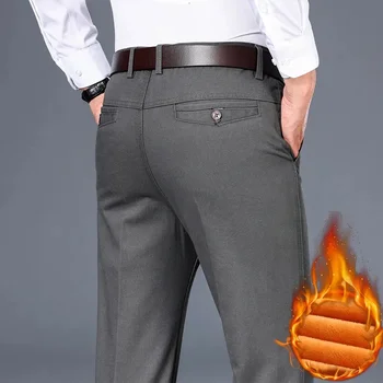 Fleece Business Мъжки удебелени ежедневни панталони тънък прав прост класически стил памук тъмно сив мъжки офис плюшени панталони