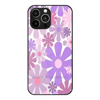 Flowerama ретро 60S 70S цветен модел в светло лилави тонове на луксозен закалено стъкло случай за Iphone 14 13 12 11 Pro Max 6S 7