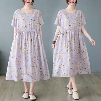 G42312# Бременност рокля линия плюс размер реколта хлабав рокля жени корейски стил памук и бельо лятото майчинство рокли