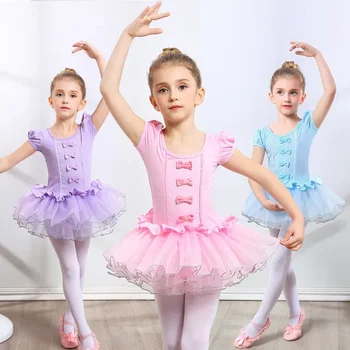 Girls Ballet Dance Tutu Dress Kids Kids Short/Long Sleeves Tulle Bowknot Gymnastics Leotard Ballet Core Birthday Party Wear