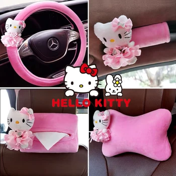 Hello Kitty Car плюшен волан капак предпазен колан капак облегалка за глава лумбална възглавница огледало за обратно виждане покритие кола интериор декорация