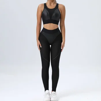 Honeycomb пачуърк фитнес тренировка комплект жени спортно облекло 2 парче облекло костюм за фитнес йога активно облекло женски спортен екип черен