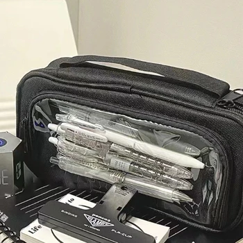 INS голям капацитет писалка чанта универсално платно молив случай прозрачен канцеларски кутия за съхранение черен колеж стил цип молив чанта