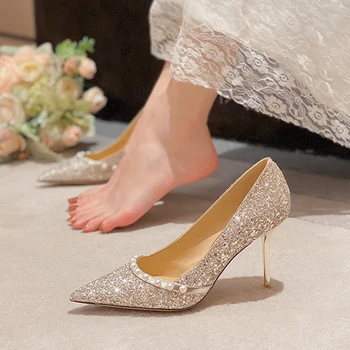 Ins мъниста bling сватбени обувки жена заострени пръсти помпи мери джейнс метални стилет високи токчета обувки жени 2022 перлен блясък нокти